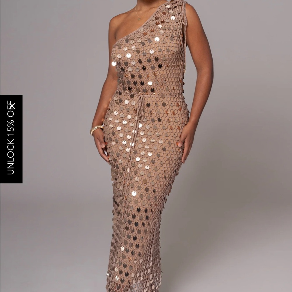 JLUXLABEL One-Shoulder Sequin Dress in Tan